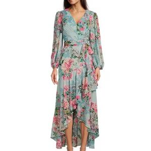 Eliza J Floral Metallic Surplice V Neck Long Sleeve High Low Wrap Maxi Dress 6